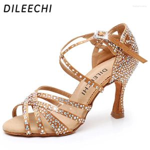 Dance Buty Dileechi Black Black Brąz Skóra Satyna Big Small Rhinestone Shining Women Salsa Party Ballroom Tańczące buty Kuba 9 cm