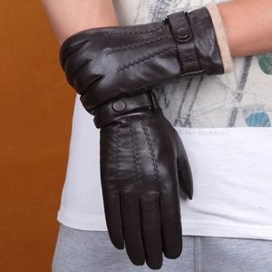 Oryginalne skórzane rękawiczki męskie prawdziwe owczeginowe czarne gęste futrzane futrzowe guziki moda marka zimowa ciepłe rękawiczki nowe