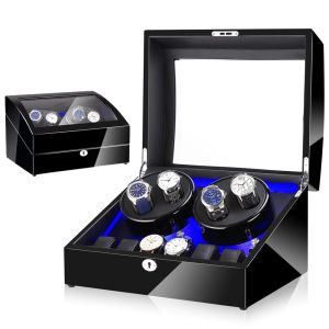 Cases 4+6 Watch Winder Box Automatic LED Watchwinder Luxury Wood Box Watch Rotator Cabinet Case Piano Paint Carbon Fiber Storage Box