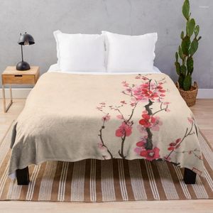 Blankets Japanese Sumi-e Ink Painting Of An Iconic Plum Blossom Branch With Red Flowers On Beige Background Art Print Throw Blanket