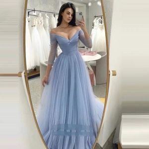 Custom Simple Blue Elegant A-Line Tulle Pleat Evening Dresses v neck 3/4 sleeves Floor-Length Off Shoulder Long Sleeves Prom Gowns