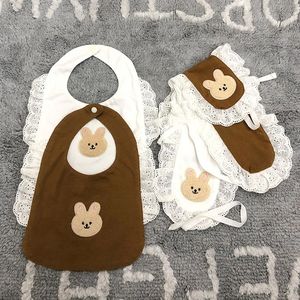 Baby Bib Cotton Anti-dirty Saliva Towel Hair Cover Food Supplement Cartoon Rabbit Hairband White Two Piece set 240422