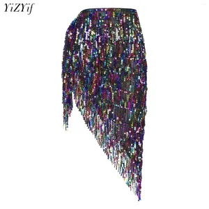 Stage Wear Womens Sequins Tassels Skirt Belly Dance Performance Costume Asymmetrical Hip Scarf Dancewear Modern Latin Jazz Ballroom