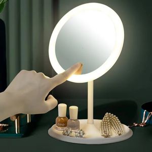 LED Makeup Mirror With Light Lamp med lagringsskrivbord Roterande kosmetisk spegel Lätt justerbar dimning USB Vanity Mirror 240425