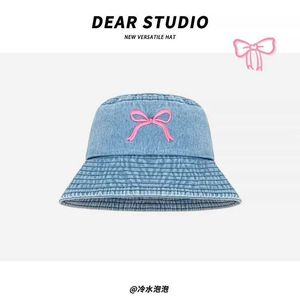 Wide Brim Hats Bucket Hats Janese Sweet Bow Embroidered Denim Bucket Hats Women Summer Travel Sun Protection Versatile Show Face Small Cute Basin Cs J240425