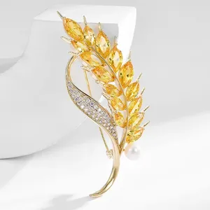 Brooches Autumn Yellow Crystal Wheat Ear Brooch Pins For Women Trendy Luxury Metal Pearl Jewelry Wedding Party Gifts Coat Accesories