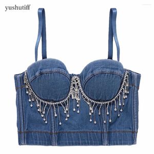 Kvinnors tankar denim korsett bh nattklubb strass skörd topp rave festivaler kläder bustier kvinna