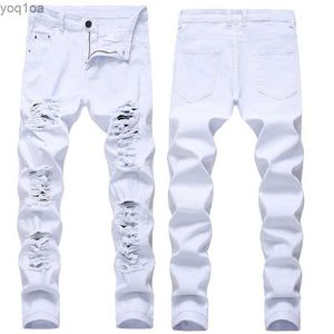 Jeans hole jeans de jeans masculina Marca de destruição Hole jeans jeans Ultra-fino Combatização completa calças de hip-hop vermelho e branco grande sizel2404