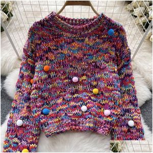 Damenpullover 2023 Mode süße Mädchen Farbhaarball Design Grosches Garn Strickpfeifer Pullover Frauen Langarm Kurzpullover Kultur Dhdjz