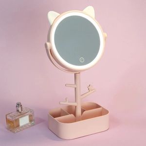 Уши светодиодное зеркало для макияжа с легкой лампой с хранением на рабочем столе вращающееся косметическое зеркало Свет. Регулируемая пустынная туалетная туалетная зеркала 240416