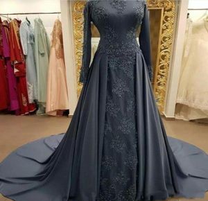 Gray Muslim Modest Formal Evening Dress with Long sleeves High Neck Lace prom Dresses Vintage Arabic Long Fashion Wear vestido de 1981220