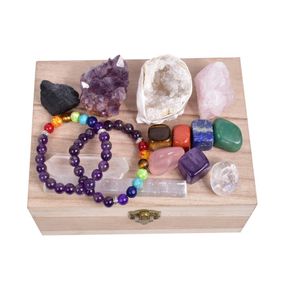 INTEIRO NATURAL CRISTAL CASCO CRAÇO CURA CAIXA DE CAIXA DE MADEIRA DE CAKRA 7 CHAKRA STONES KIT PARA MEDITATION2378990