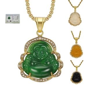 Gröna jade smycken skrattande buddha pendelkedja halsband för kvinnor rostfritt stål 18k guldpläterad amulett tillbehör mödrar dag6573942