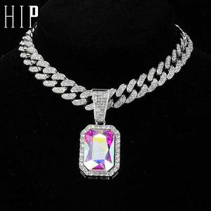 Strängar Hip Iced Out Square Pendant med 13 mm kubansk länkkedja strasshalsband som är lämplig för män och kvinnor rapparsmycken 240424