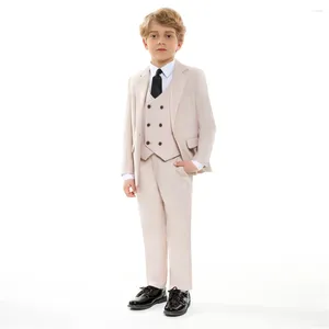 Erkekler Suit Bej Kid's 4 Parça Takım Seti Blazer Yelek Pantolonları Sayfa için Düğün Çocuk Zarif Çocuklar Kostüm Yüzük Cep Ceketi