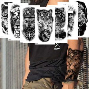 Transferência de tatuagem Novas tatuagens temporárias homens impermeabilizados braço de arte corporal tatuo falso para homens mulheres leão florestal tigre urso flash tatuagens adesivas mangas 240426