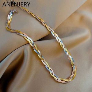 Strands ANENJERY 316L stainless steel tricolor handmade woven necklace European and American Cuban chain womens party jewelry 240424