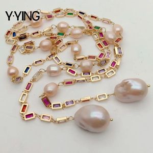 50 Pink Keshi Pearl Mixed Color Rectangle CZ CZ Pave Long Chain Party Sweater Chain Necklace for Women 240416