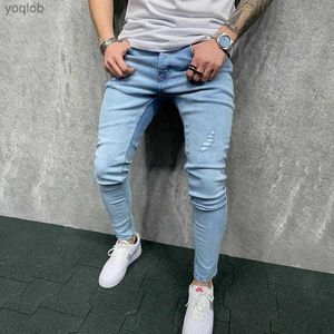 Men's Jeans Fashionable Mens Hole Distressed Skinny Streets Jeans Streetwear Hip Hop Mens Tear Solid Denim TrousersL2404