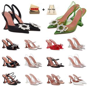 Mit Kiste Amina Muaddi Damen Kleidschuhe Sandal Camelia Glass Begum Rosie Seidenschlinge 90 Stilettos Ferse klare helle rosa Pumpen High Heel 9,5 cm Luxus Hochzeitsfeierschuhe