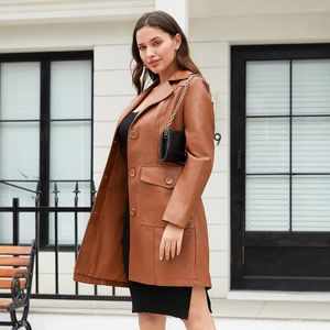 Women's Leather 2024 Long Style Coat Spring And Autumn Sleeve Windbreaker Fashion British Polo Collar