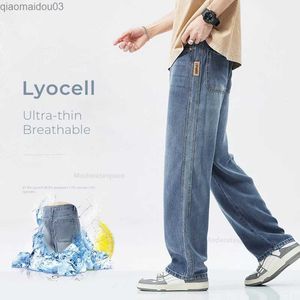 Jeans masculinos Lyocell elástico Jeans Mens 2024 Novo calça larga e larga de alta qualidade Loja de calças elásticas da cintura Denim