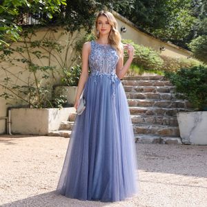 Ocean Blue Hollow Backless Brides -Bridesmaid Prom Vestidos 2024 A linha Aplique os vestidos de tule do pescoço de jóia pura