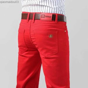 Män jeans män färgade denim elastiska jeans nya elastiska gula rosa ultratunna herrkläder enkla affärer denim trussl2404