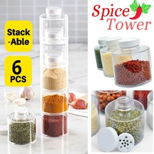 Kavanozlar 6pcs Şeffaf istiflenebilir baharat şişesi, Spot Spice saklama kutusu, kule şeklindeki baharat rafı, kule şeklindeki baharat tankı