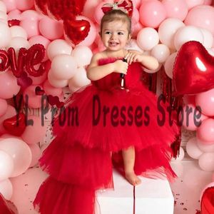 Girl Dresses YL Red High Low Flower Tiered Tulle Strapless Puffy Princess Illsuion Sleeveless Cute Baby Birthday Party Dress