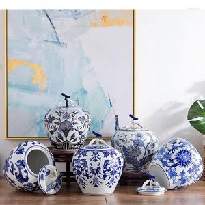 Vasen Vintage Home Classic Blue and White Porzellan der Blumen Keramikhandwerk mit Cover Aufbewahrungsglas Desktop Dekor Blumentopf