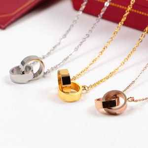 Kajia Fashion Womens Titanium Steel Collar Chain Rose Gold Double Ring med diamant och roterande