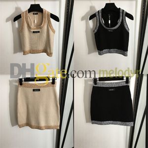 Sexy Knitted Top Skirt Set Sequin Patchwork Crop Tank Top High Waist Slim Knit Skirt Letter Print Sleeveless Tees