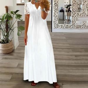 Vår/sommar mode kvinnors kort ärm tryckta spetsklänningar elegant vit v-ringning smal fit party long vestidos s-5xl 240418