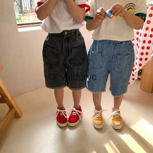 Shorts denim barn kläder fasta shorts elastisk midja raka korta byxor för bröder och systrar H240426