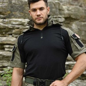 Taktyczne koszulki Han Ye Mens Tactical Hunting Military T-Shirt Wojska koszula bojowa z kapturem męskie garnitur na kemping T-shirt podróżny 240426