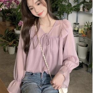 Women's T Shirts Korean Style Sweet Lady Women Ruffled V Neck Bow Flare Sleeve Chiffon Top Shirt Woman Purple Tops