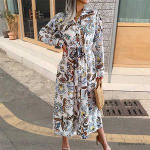 Basic Casual Dresses Women Shirt Dress Summer Midi Dress Bohemia Flower Print Midi Dress Stylish Womens Single Breasted Shirt Dress with Belt Long