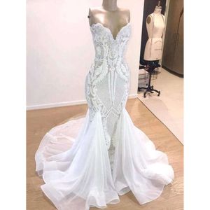 Elbiseler Denizkızı Beyaz 2020 Sweetheart Pırıl Pul Piller Dantel Organza Süpürme Tren Düğün Gelin Gowns BC3311