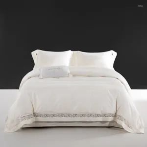 Bedding Sets Pearl White Lyocell Cotton Hollow Lace Broad Side Summer Soft Silky Duvet Cover Set Fitted Sheet Bed Pillowcases