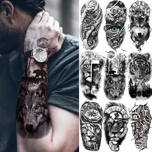 Tatuaż Transfer Black Forest Tattoo Naklejka dla mężczyzn Kobiety Dzieci Tiger Wolf śmierć Czaszka Tymczasowa tatuaż Fakie