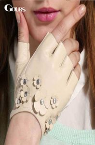 Gours äkta läderhandskar för kvinnor faller nya modemärken Vitt fingerfri olinerad handske getskinn mittens GSL026 2010205356615