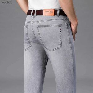 Mäns jeans herrar fashionabla sommar tunna jeans bekväm stretch bomullsverksamhet casual denim byxor ljus grå blå pantsl2404