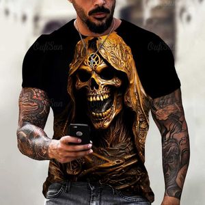 Erkek Tişörtleri Yaz Erkek T-Shirt Vintage Korku 3D Kafatası Baskı Klasik Oğreti O Boyun Kısa Slve Moda Gevşek Büyük Boyutlu Üstler T Shirt Erkekler T240425