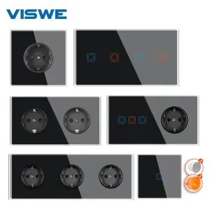 Drives Viswe EU Standard Touch Switch och Socket 220V 16A Black Full Mirror Crystal Tempered Glass Panel Electrical Outlets