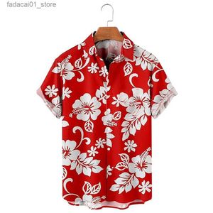 남성 티셔츠 하와이 남성 소셜 플로럴 셔츠 3D 카미사 카구아스 인쇄 슬림 피팅 스트리트 캐주얼 짧은 슬리브 의류 Q240426