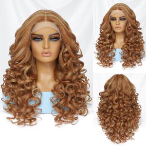 Hårprodukter lockigt peruk syntetiska spetsar främre peruker för kvinnor glueless blond orange svartbrun kvinnlig spets peruk daglig användning 13x4x1 cosplay hår