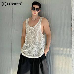 Luzhen moda zarif gevşek kolsuz tişört erkek sokak zarif düz renkli yaz tankı üstleri lz2077 240415