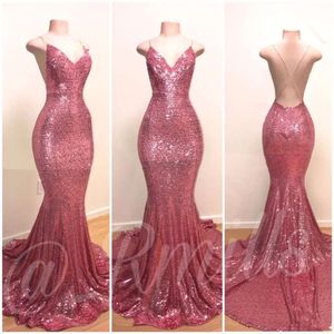 Pink Prom Rose Sequins Mermaid Sexy Halter V Neck Sleeveless Fiesta Evening Dresses Backless Plus Size Party Gowns Bc1067