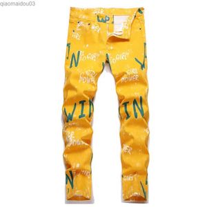 Jeans de jeans masculino jeans masculino imprimido amarelo moda moda reta de alta qualidade calça as calças diárias de tendência de tendência de rua calntsl2404